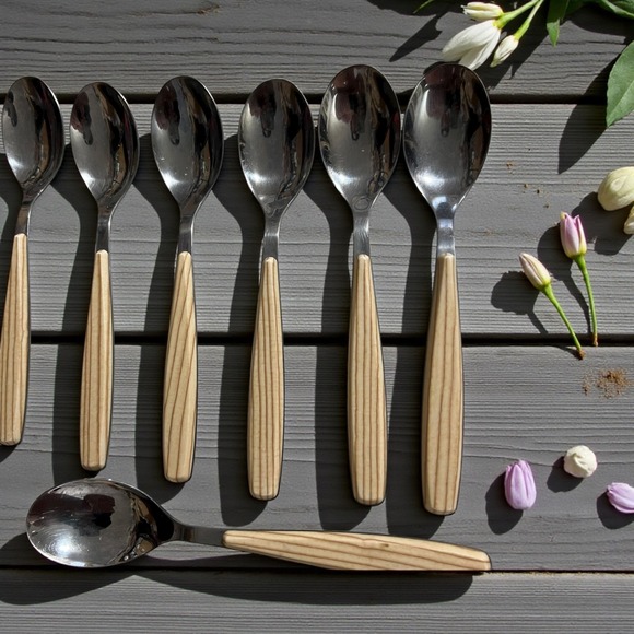 Pinti 1929 Inox Riva Birch Handle Spoons Forks Italian Flatware Set Serving‎